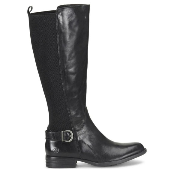 Born Campbell Tall Equestrian Riding Boots Black Leather Stretch Back Buckle 8.5